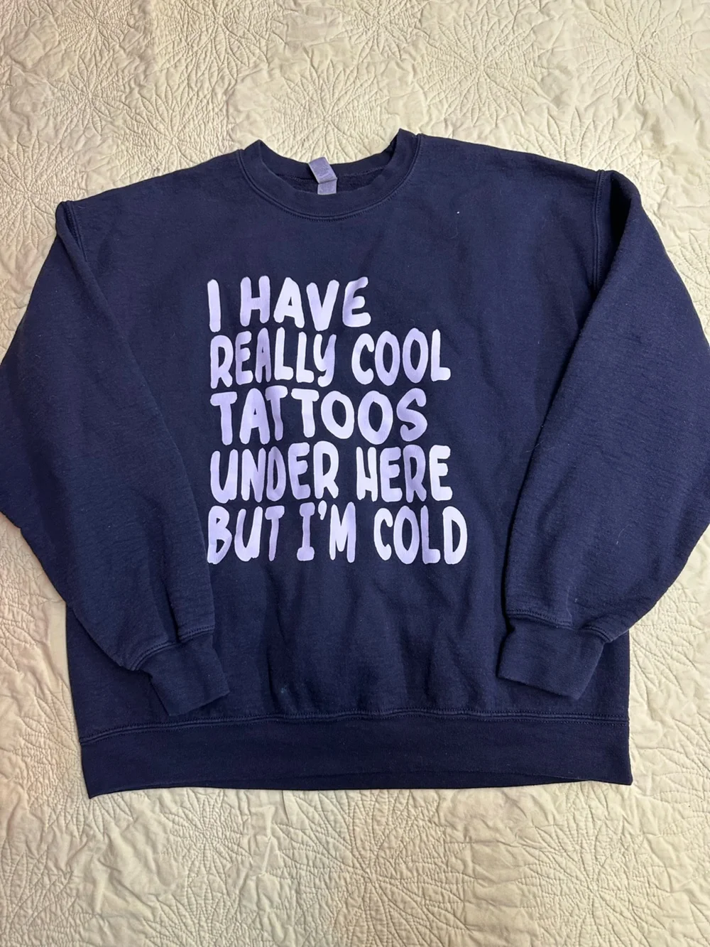 Gildan Navy Sweatshirt with Light Purple Graphic Text